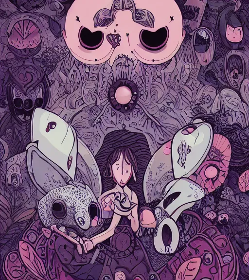 Image similar to portrait, nightmare anomalies, leaves with hollow knight by miyazaki, violet and pink and white palette, illustration, kenneth blom, mental alchemy, james jean, pablo amaringo, naudline pierre, contemporary art, hyper detailed