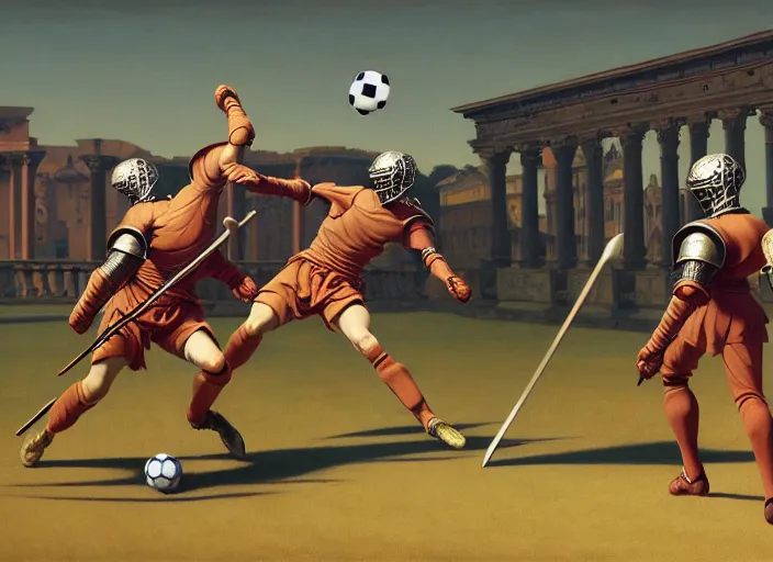 Prompt: knights in armor playing soccer ball - scull, rome, highly detailed, soft lighting, elegant, works by edward hopper, james gillard, zdislaw beksinski, stephen outram, andreas m wiese, highly detailed art by takato yamamoto, masterpiece. rendered in blender, ultra realistic, smooth shading, ultra detailed, high resolution, cinematic, unreal 6