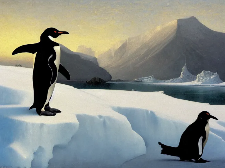 Prompt: an oil painting of a penguin next to a frozen ocean and a misty glacier at dawn. by tuomas korpi moebius and carl spitzweg. baroque elements. intricate artwork by caravaggio. oil painting. oil on canvas. award winning. dramatic. trending on artstation. 8 k