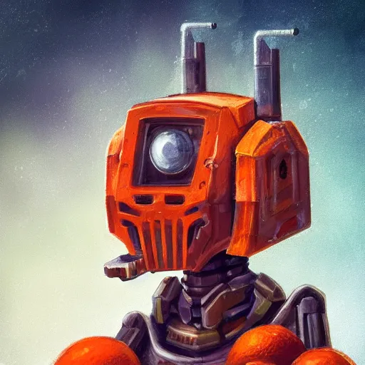 Image similar to A portrait of an orange battle robot drinking orange juice, fantasy art, clean digital art, clean background, D&D art style, dark feeling, chill feeling