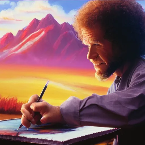 Image similar to a closeup photorealistic photograph of bob ross painting an image of iron man on a canvas. mountains and trees. film still. brightly lit scene. this 4 k hd image is trending on artstation, featured on behance, well - rendered, extra crisp, features intricate detail, epic composition and the style of unreal engine.