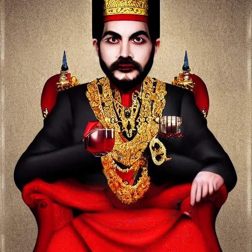 Image similar to the king of india sitting on a throne wearing a black suit and a red fez, detailed face with red lips, blue eyes and large forehead, moody atmosphere, digital art, highly detailed, high contrast, beautiful lighting, award winning, trending on art station, photorealistic, 8 k,