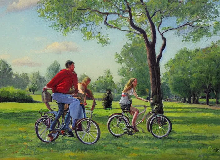 Prompt: a couple on bicycles in the park painting by Viktor Tsvetkov