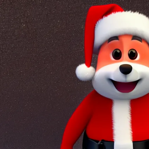 Image similar to fox, looking happy, wearing a santa hat, slightly chubby, detailed, 3d render, 4k, pixar