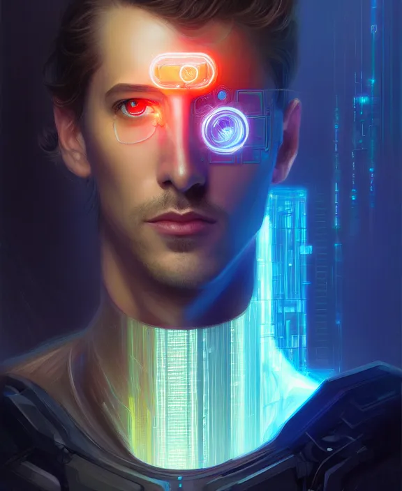 Image similar to a whirlwind inside the metaverse, guy, male, man, hologram, half body, neurochip, android, cyborg, cyberpunk face, by loish, d & d, fantasy, intricate, elegant, highly detailed, colorful, digital painting, artstation, concept art, art by artgerm and greg rutkowski and alphonse mucha