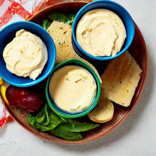 Image similar to Opened can of mayonnaise, served on a plate, gourmet food