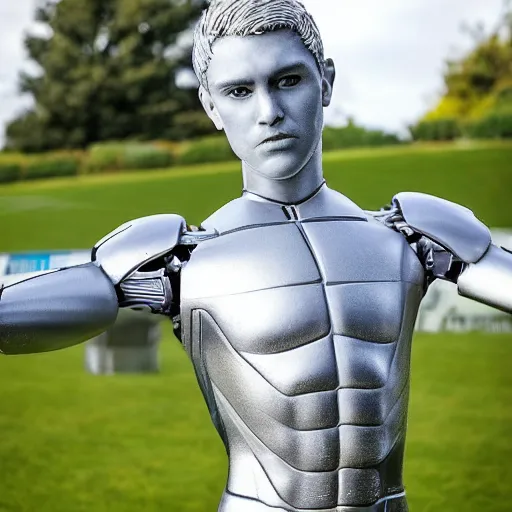 Image similar to a realistic detailed photo of a guy who is an attractive humanoid who is half robot and half humanoid, who is a male android, soccer player martin ødegaard, shiny skin, posing like a statue, blank stare, by the pool, on display, showing off his muscles, humanoid robot, frozen ice statue