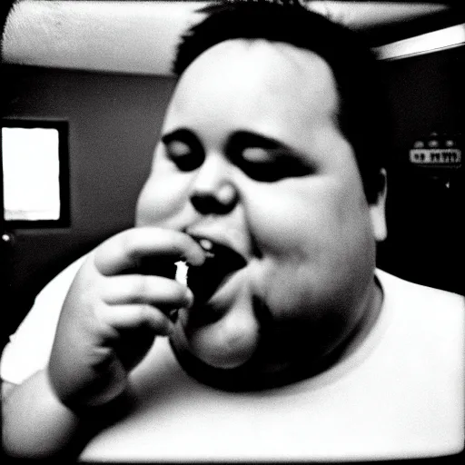 Image similar to a black and white film photograph snapshot of a fat man biting a sandwich. no hands. no fingers. holga, lomo, lomography, retro, toy camera, film, tri - x, plus - x, vintage