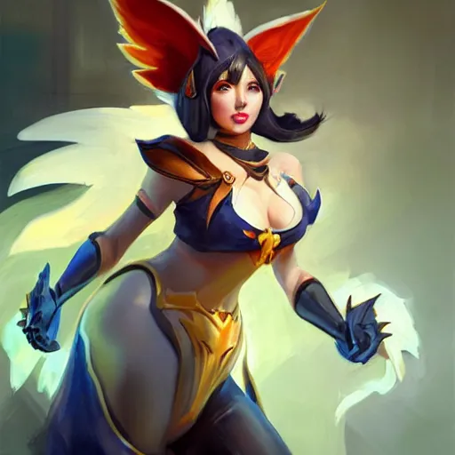 Image similar to greg manchess portrait painting of partially armored ahri from league of legends as overwatch character, medium shot, asymmetrical, profile picture, organic painting, sunny day, matte painting, bold shapes, hard edges, street art, trending on artstation, by huang guangjian, gil elvgren, ruan jia, randy vargas, greg rutkowski