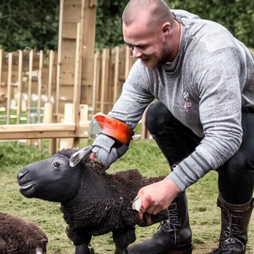 Prompt: ragnar lothrbok cutting off head of lamb at the pet n play zone in zoo with children crying around him while he laughs with beer and bloody axe in hand