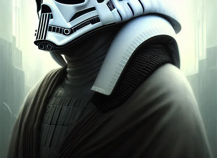 Image similar to portrait shot of a white darth vader in cyberpunk 2 0 7 7, intricate, elegant, highly detailed, centered, digital painting, artstation, concept art, smooth, sharp focus, illustration, artgerm, tomasz alen kopera, peter mohrbacher, donato giancola, joseph christian leyendecker, wlop, boris vallejo