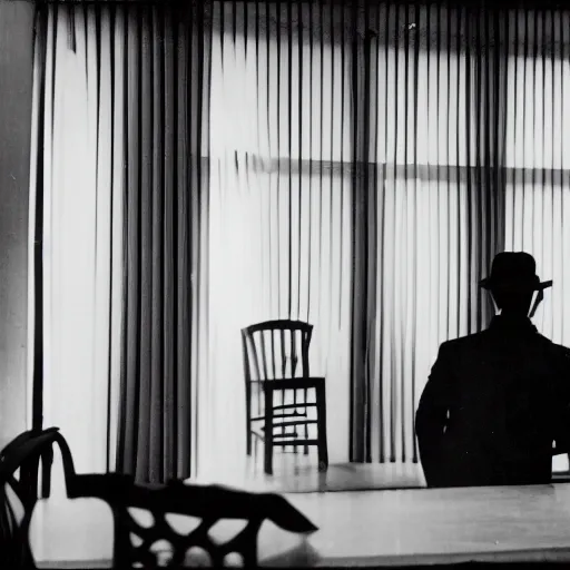 Prompt: wide angle of detective standing in apartment holding a bottle of alcohol, venetian blinds in the background, table and chairs against the wall, black and white, 4k, movie frame from 1940s noir film