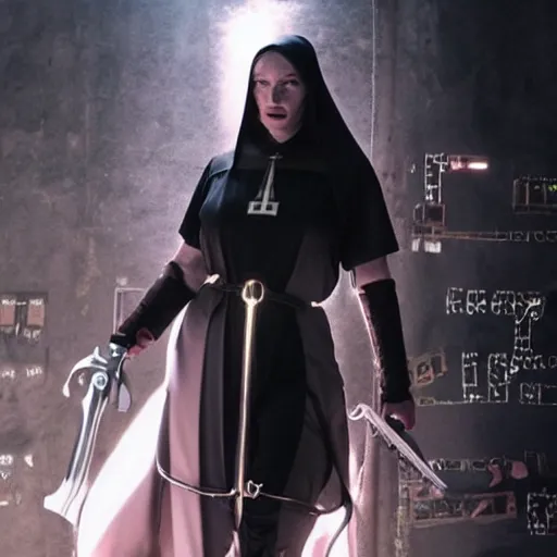 Prompt: photo of christina hendricks as a cyberpunk nun warrior with holy weapons