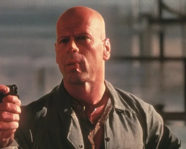 Image similar to film still of zooey channel as bruce willis in die hard