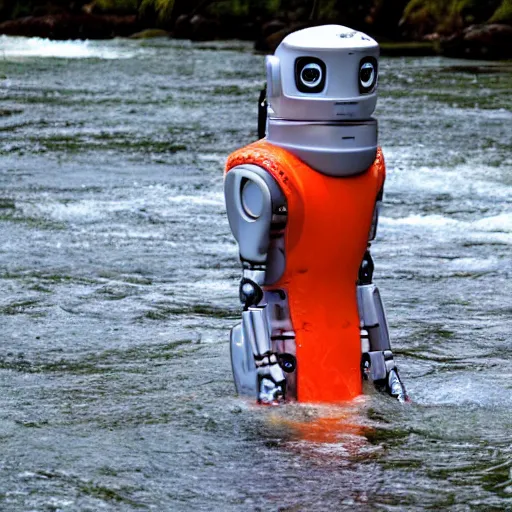 Prompt: salmon robot cyborg on a mission upstream.