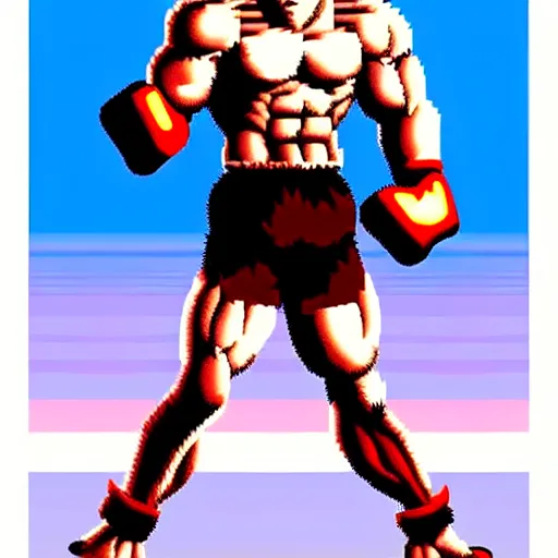 Image similar to extreme long shot. 8 bit nes graphics. antropomorphic muscular masculine wolf. kickboxer fighter, in shorts. wolf head. furr on body. art from nes game cartridge.