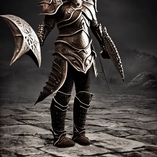 Image similar to full body of a warrior with daedric armor, skyrim ,fantasy, D&D, HDR, natural light, medium close shot, dynamic pose, award winning photograph, Mucha style