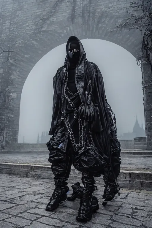 Image similar to avant garde techwear look and clothes, we can see them from feet to head, highly detailed and intricate, hypermaximalist, dystopian castle background, eerie fog, luxury, Rick Owens, Errolson Hugh, Yohji Yamamoto, Chrome Hearts, cinematic outfit photo