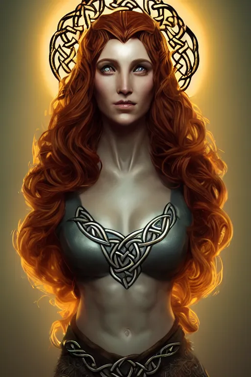 Image similar to portrait of celtic goddess Diana, middle shot, digital art, highly detailed, intricate, sharp focus, Trending on Artstation, HQ, unreal engine 5, 4K UHD image, by brom, artgerm, face by Otto Schmidt