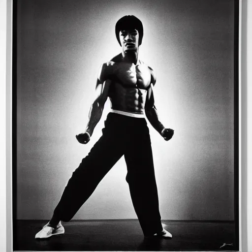 Image similar to kodak portra 4 0 0 portrait of bruce lee, think different poster, highly detailed, symmetry, black and white