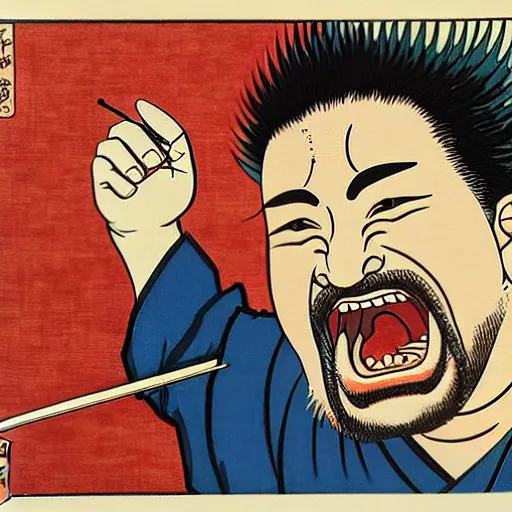 Image similar to Guy Fieri eats Japanese food by Katsushika Hokusai, art