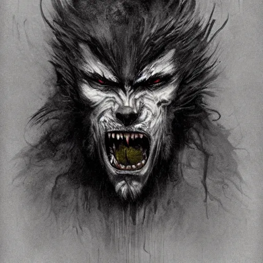 Image similar to werewolf lycanthrope monster makeup grinning grimpunk vile reprobate portrait portrait Wolfman Wolfman Fenrir with tombow odd nerdrum greg rutkowski frank frazetta alexandre briclot Dave Dorman splatterpaint