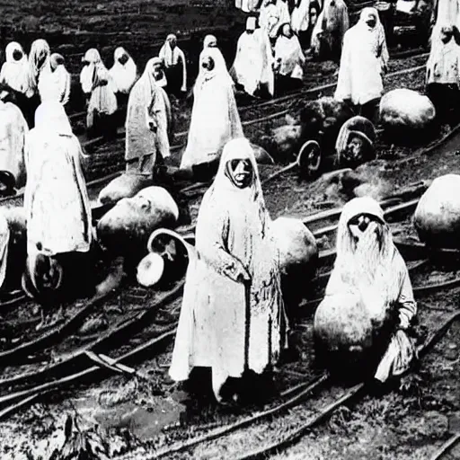 Prompt: A rare 1938 picture of the Frumaji - a sepratist sect of Pennsyvania farmers who worshiped a giant potato