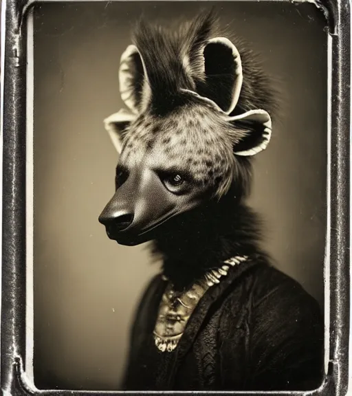 Image similar to professional studio photo portrait of anthro anthropomorphic spotted hyena head animal person fursona wearing elaborate pompous silver skull robes clothes by Louis Daguerre daguerreotype tintype