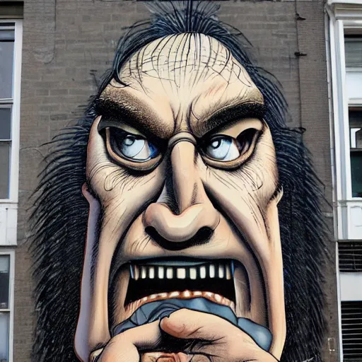 Image similar to A beautiful street art of of a giant head. The head is bald and has a big nose. The eyes are wide open and have a crazy look. The mouth is open and has sharp teeth. The neck is long and thin. intricate by Frank Quitely, by Vito Acconci evocative