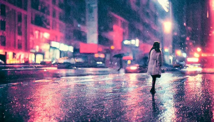 Image similar to street of new york, photography, night, rain, mist, a girl with pink hair, cinestill 8 0 0 t, in the style of william eggleston