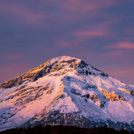 Prompt: photo of a snow topped mountain lit by the sunset
