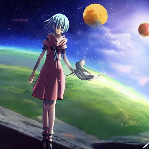 Prompt: A gigantic anime girl terraforming a planet