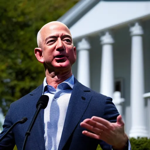 Image similar to Jeff Bezos as the president of the United States speaking with reporters on the what house lawn