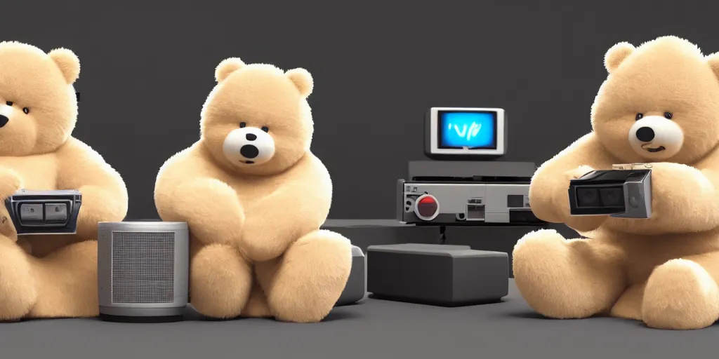 Prompt: two fluffy bears playing nintendo with tv from 1 9 7 0, octane render, 8 k resolution, cinematic