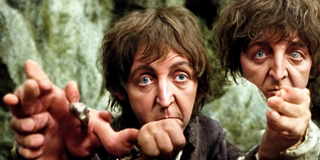 Image similar to A full color still of Paul McCartney dressed as a hobbit inside a dark house, examining his palm, directed by Stanley Kubrick, 35mm, 1970