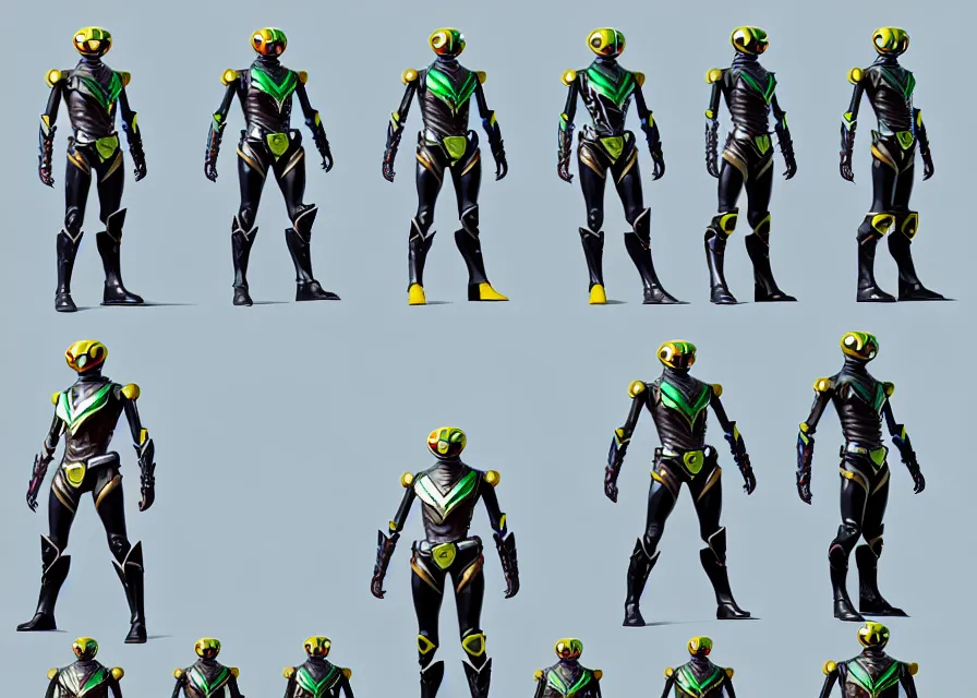 Image similar to concept art sprite sheet of kamen rider, big belt, human structure bee concept art, hero action pose, human anatomy, intricate detail, hyperrealistic art and illustration by irakli nadar and alexandre ferra, unreal 5 engine highlly render, global illumination