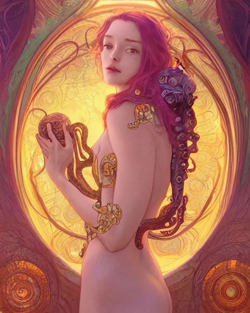Image similar to alien goddess with body of octopus dreamy vision, highly detailed, gold filigree, romantic storybook fantasy, award, watercolor illustration by mandy jurgens and alphonse mucha and alena aenami, pastel color palette, featured on artstation