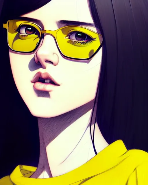 Prompt: really cool up close portrait of a beautiful english girl in yellow tshirt and glasses, disassociating, by saruei and guweiz and ilya kuvshinov and warhol and range murata!!, magic art, sleek curves, ultra clear and sharp focus, trending on artstation hq, deviantart, pinterest, unreal engine 5, 4 k uhd image