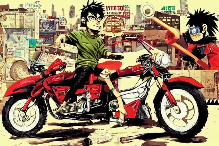 Prompt: italian pizza, akira's motorcycle, gorillaz, poster, high quality