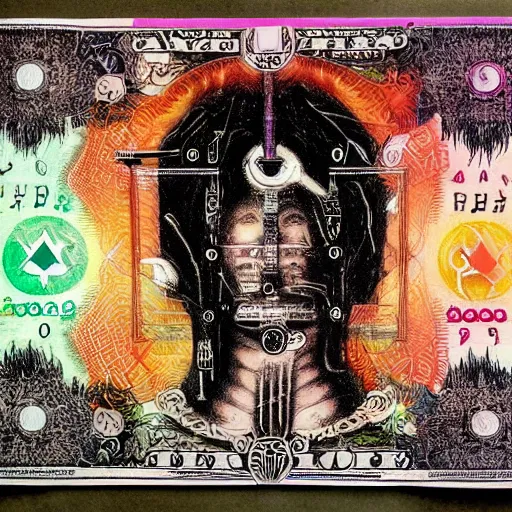 Image similar to post - punk new age album cover, asymmetrical design, dollar bank notes, capitalism, magic, apocalypse, psychedelic, black white pink, magic, giger h. r., giuseppe arcimboldo