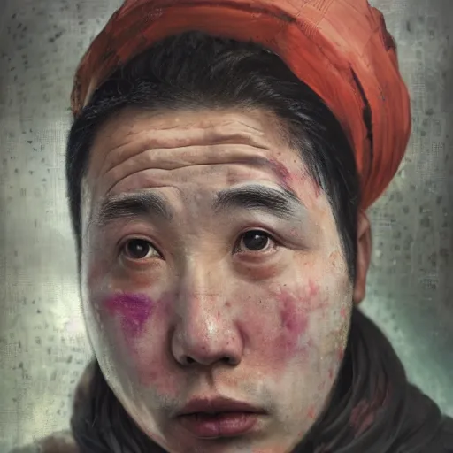 Image similar to photorealistic face portrait of chinese uyghur muslim prisoner, lots of spilled paint, wearing victorian rags, elite, disfigured, drooling, moist, unnatural movement, they are unhappy, bizzaro, baroque, renaissance, by emedios varo and anato finnstark and fenghua zhong, hyperrealism, 8 k, 3 d, masterpiece, texture