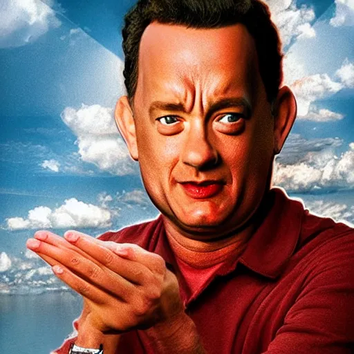 Image similar to Tom Hanks as forrest gump with giant shrimp heads as hands, digital art, photoreailstic, amazing detail