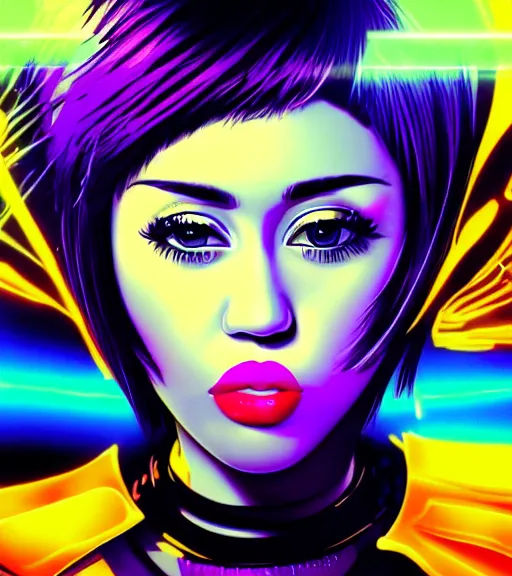 Prompt: beautiful closeup portrait of a black bobcut hair style futuristic miley cyrus in a blend of 8 0 s anime - style art, augmented with vibrant composition and color, filtered through a cybernetic lens, by hiroyuki mitsume - takahashi and noriyoshi ohrai and annie leibovitz, dynamic lighting, flashy modern background with black stripes