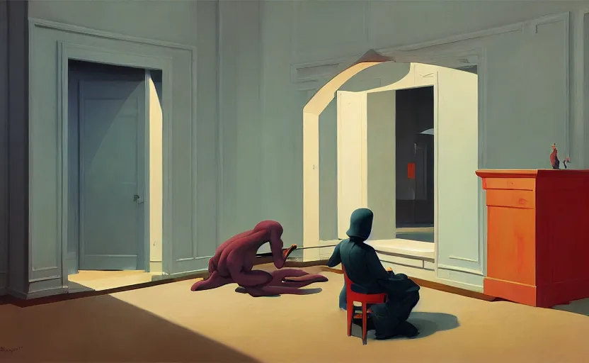 Prompt: inside a room with a guillotine, very coherent, painted by Edward Hopper, Wayne Barlowe, painted by James Gilleard, airbrush, art by JamesJean