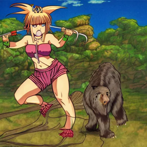 Prompt: A shrunken head anime woman, fighting off bears