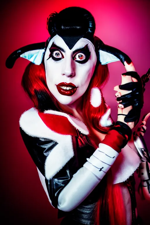 Image similar to lady gaga in harley quinn costume attacked by stuffed toy, luxury materials, symmetrical, cinematic, elegant, professional studio light, real dlsr photography, sharp focus, 4 k, ultra hd, sense of awe, high fashion