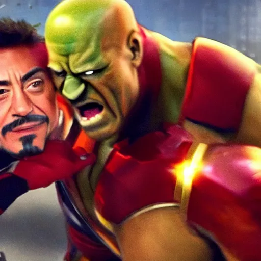 Prompt: hulk hogan punches tony stark, epic scene, cinematic
