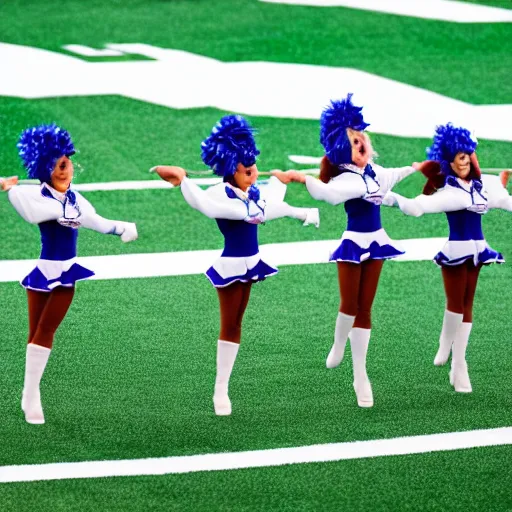 Image similar to Three anthropomorphic goats, dressed as Dallas cowboys cheerleaders, doing a kickline at AT&T stadium on the football field