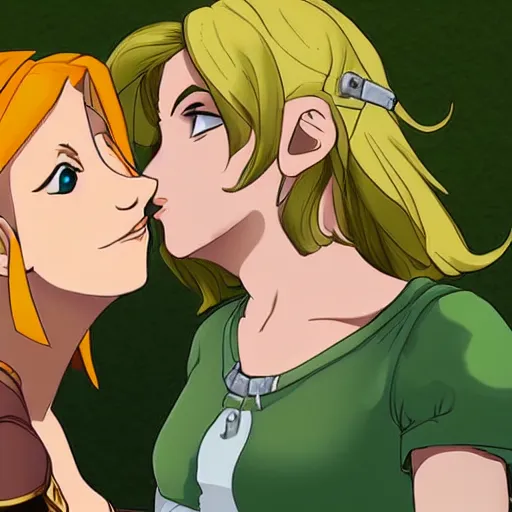 Prompt: female link and malon kissing, realistic