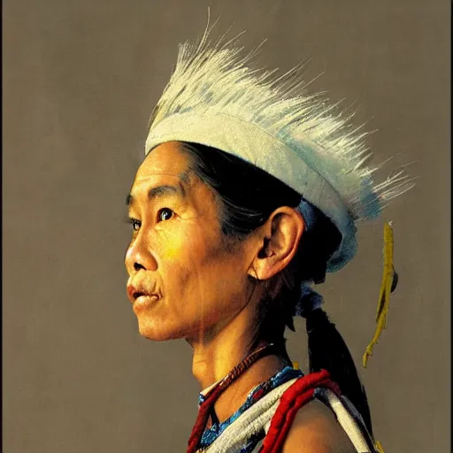 Image similar to high quality high detail painting by norman rockwell, hd, a skinny beautiful kayan female tribe leader, hair in wind, photorealistic lighting